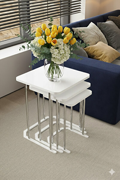 DZGN HOME Sumire 3'lü Metal Gümüş Beyaz Mdf Kare Zigon Sehpa Takımı Orta Sehp...