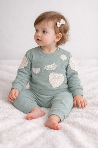 Superbaby Set verde 2 piese bebe fete Bymurat roz cu aplicatii inimioare si p...