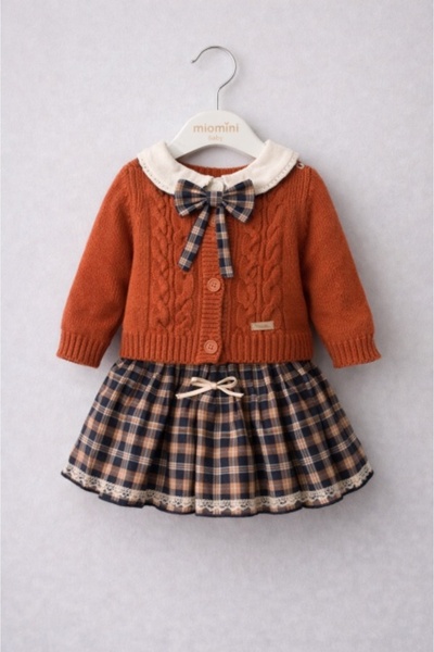Superbaby Set tricotat fetite Missolix cu vesta si fusta in carouri, design e...