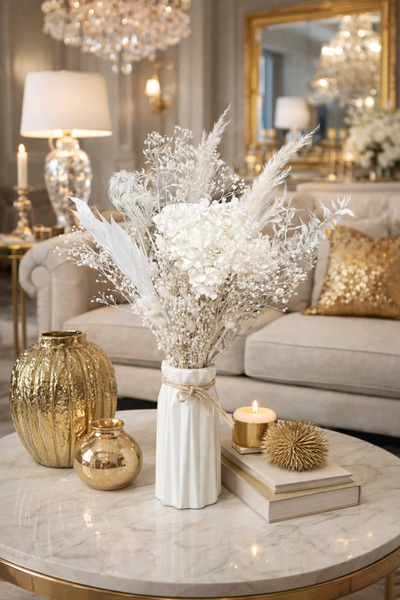 Goya Home Lüks Beyaz Kuru Çiçek Aranjmanı – El Yapımı Pampas & Ortanca Dekoru