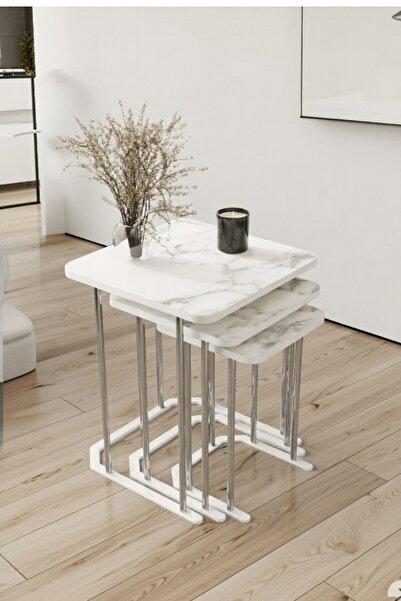 Teknor Tokyo Gümüş Beyaz Mermer Mdf 3 Lü Kare C Zigon Sehpa