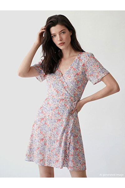 LC Waikiki Lila Double-Breasted Collar Floral Waist-Slit Mini Dress