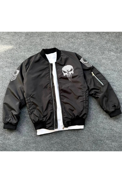 Genel Markalar Siyah Askeri Tarz Bomber Mont – , Punisher Skull Detaylı -