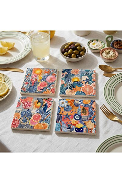 arslart Mediterranean Fruit and Sea Themed Natural Stone Coasters, Tableware ...