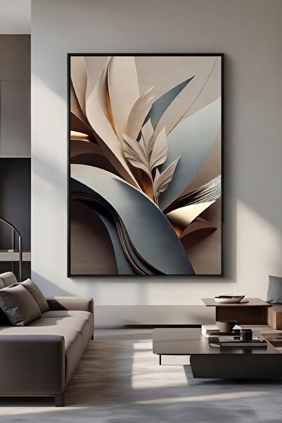 hollywest Lüks Bej & Mavi Yaprak Formlu Duvar Sanatı | Modern Çerçeveli Tablo