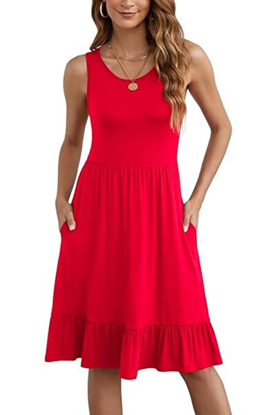 Yommay Women's loose casual dress, above the knee, red 2XL