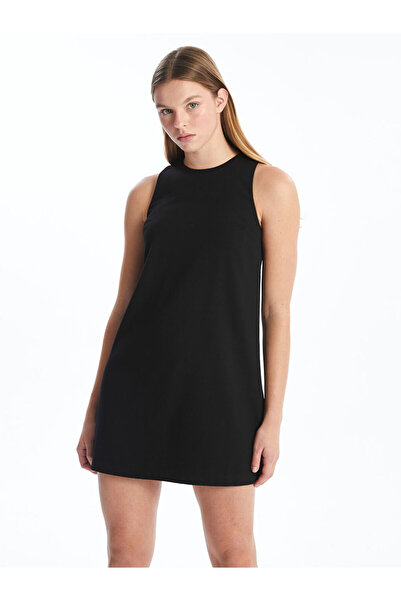 LC Waikiki Siyah Bisiklet Yaka Krep Kadın Elbise