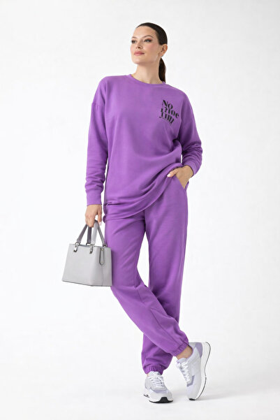 Markazzi Women's Crew Neck Printed Oversize Top and Bottom Tracksuit Set
