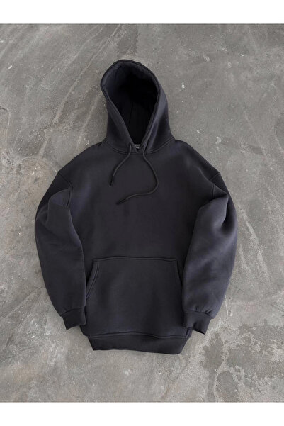 KAZAK Hooded Three-Thread Combed Cotton Basic Sweatshirt - Smoked -