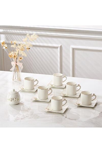 Malooki Set of 6 Porcelain Coffee Cups with Saucers and Sugar Bowl, 180 ml - ...