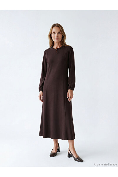 LC Waikiki Lcw Grace Brown Crew Neck Ruffle Dress