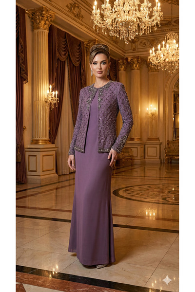 UZER Kadın mor İncili Ceketli Uzun Abiye Elbise - Davet ve Düğün Kıyafeti