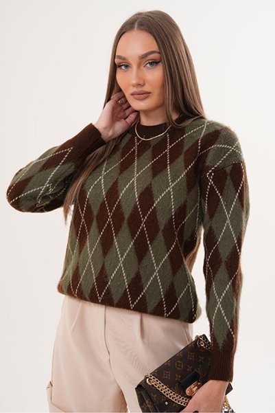 POİNE Diamond Patterned Raised Knitwear Sweater