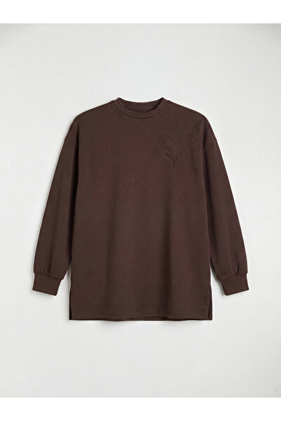 LC Waikiki Mg Trenden Brown Crew Neck Embroidered Women's Sweatshirt Tunic