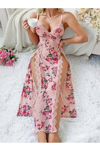 Best Dream Kadın Uzun Derin Yırtmaçlı Dantel Detaylı Pembe Çiçek Desenli Gecelik