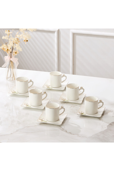 Malooki Set of 6 Porcelain Coffee Cups with Saucers, 180 ml - Floral Details