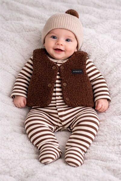 Superbaby Ριγέ φορμάκι για μωρά και αφράτο γιλέκο ByMurat, ζεστό και άνετο σύ...