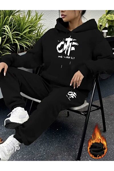 DİVİN Women's Printed Oversized Sweatshirt - Sweatpants 2-Piece Set