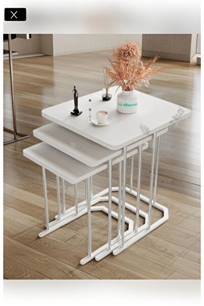 Teknor Oslo Gümüş Beyaz Mdf 3 lü Kare C Zigon Sehpa