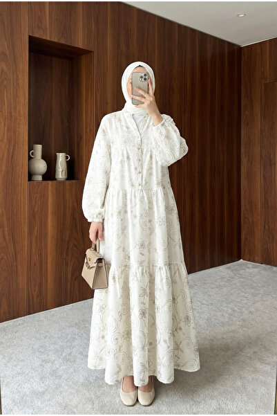 MODAQU Jacquard Print Buttoned Layered Dress - White