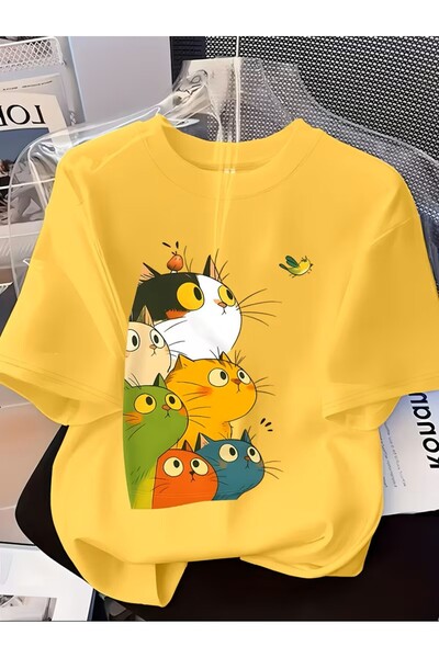 oneagılyazı Kadınlar İçin Moda Baskılı Kısa Kollu Tişört, Çok Renkli Eğlencel...