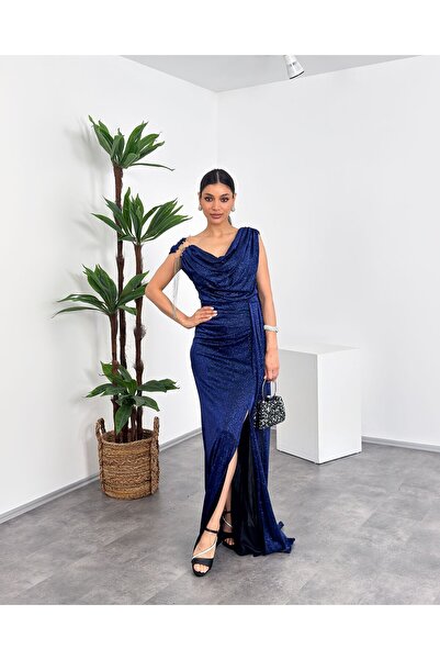 Mialora Shoulder Accessory, Glittery Collar, Slit Maxi Women's Evening Dress