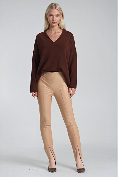 Lijuri High waist faux leather leggings pants with ankle slit 0110