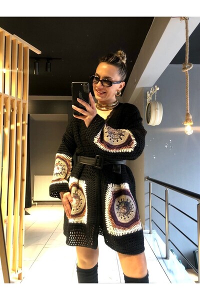 Gözde Tasarım Butik Women's Black Color Design Handmade Crochet Knitted Ethni...