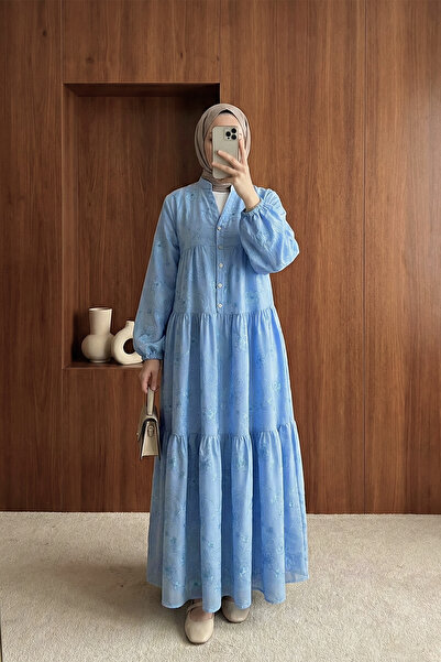 MODAQU Jacquard Print Buttoned Layered Dress - Blue