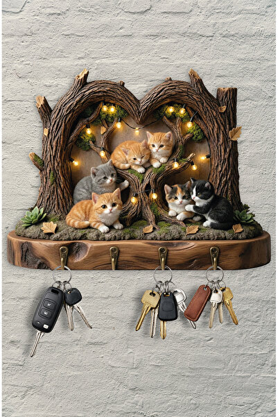Time in a Tin 2D Ahşap Duvar Askısı Anahtarlık Retro Şirin Kediler Temalı Dek...