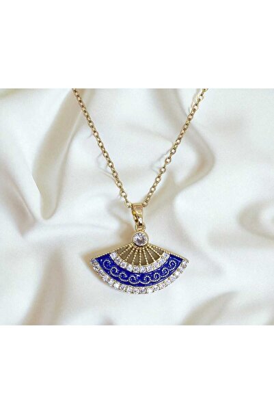 DuRu LiNe Mavi Mineli Zirkon Taşlı Yelpaze Figürlü Çelik Kolye