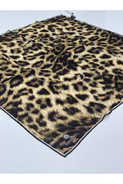PİRAMİT VİSSONA TİVİL İPEK EŞARP LEOPAR DESEN SİYAH GOLD 1005-1