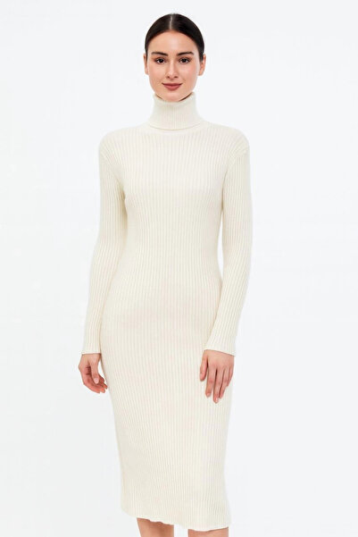 Glam Love Boğazlı Πλεκτό Φόρεμα - Λευκό -