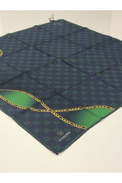 PİRAMİT وشاح حرير فيسونا تيفيل موديل سلسلة أزرق داكن أخضر 1018-2
