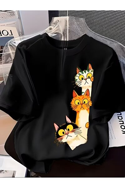 oneagılyazı Kadın Modası Baskılı Kısa Kollu Tişört, Üç Sevimli Çizgi Film Kedi