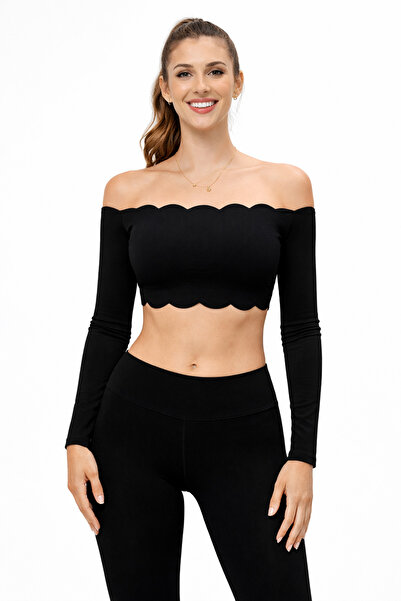 Nuve Wear Kadın Siyah Lazer Kesim Uzun Kollu Madonna Yaka Crop Büstiyer