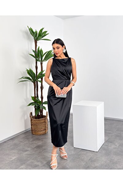 Mialora Boat Neck Waist Pleated Front Slit Sleeveless Knee Length Full Fit Wo...