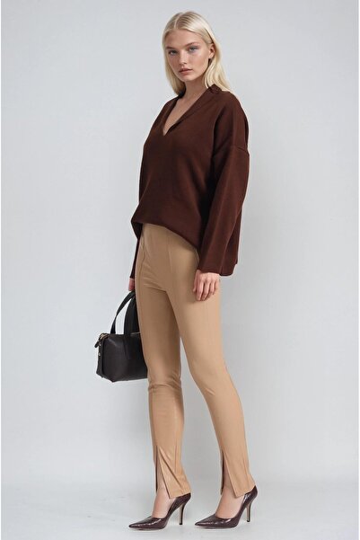 Lijuri High waist faux leather leggings pants with ankle slit 0110