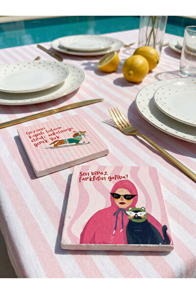 arslart Motto Written Illustration Patterned Set of 2 Natural Stone Coasters,...