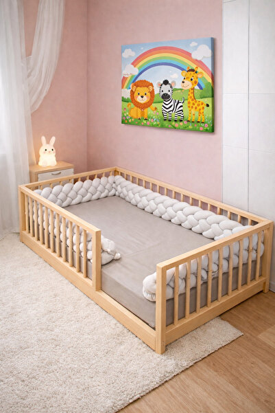 Handmade Montessori Ahşap Yer Yatağı – Korkuluklu Çocuk Karyolası