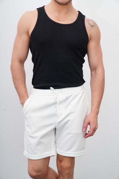 DI LORIA Erkek Beyaz Likralı Cepli Duble Paça Şort