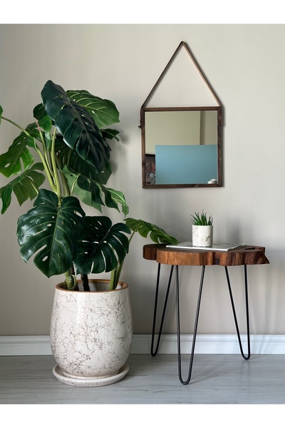 odka Armut Saksı Tabaklı H: 32cmx Çap: 26cm Ekru Gold Mermer Desenli