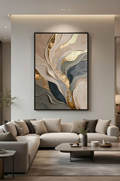 hollywest Lüks Bej & Gri Soyut Duvar Sanatı | Modern Çerçeveli Tablo