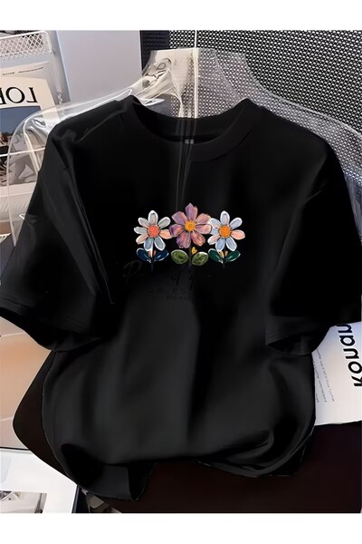 oneagılyazı Mâneci scurte cu imprimeu floral la modă și detalii cu litere eng...