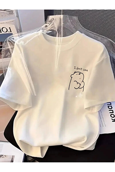 ALORA Lightweight Casual T-Shirt Fun Cartoon Bear and "I Don'T Care" Print White