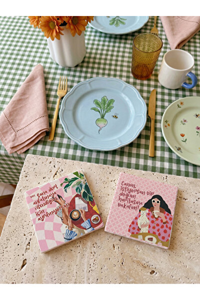 arslart Girl's Joy Illustrated 2-Piece Natural Stone Coasters, Tableware Pres...