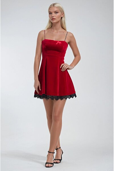 Lijuri Lace Detailed Strappy Velvet Mini Dress 2016