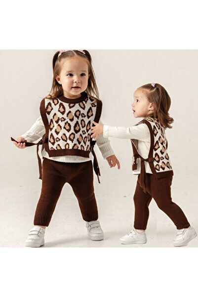 thesecret desire Leopard Patterned Girl's 3-Piece Knitwear Set (Vest + Blouse...