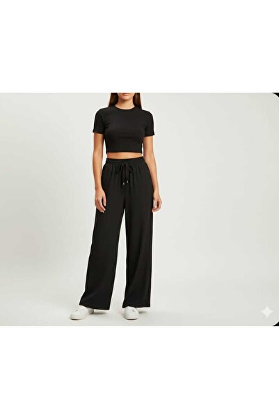 Butik Kadın Siyah Pamuklu Yüksek Bel Fitilli Büzgülü Palazzo Pantolon - Rahat...