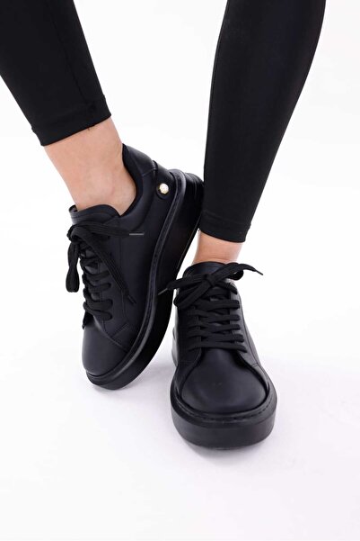 Velenza shoes Siyah bağcıklı inci detaylı kalın taban spor ayakkabı